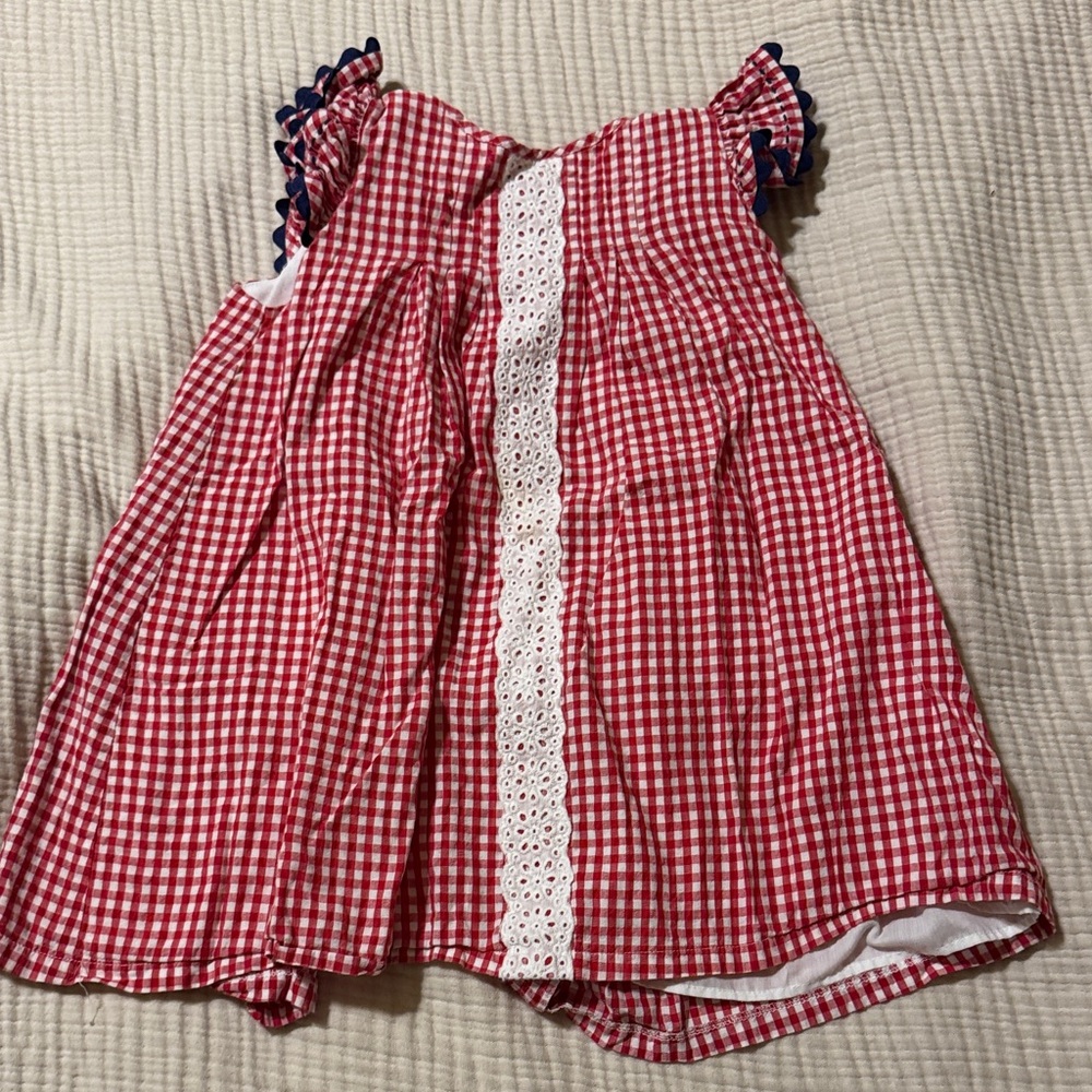 Red Gingham Kids Dress with Lace Trim